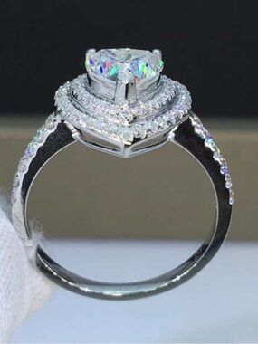 Silver Heart Halo Engagement Ring with Clear Cubic Zirconia - Women Jewelry
